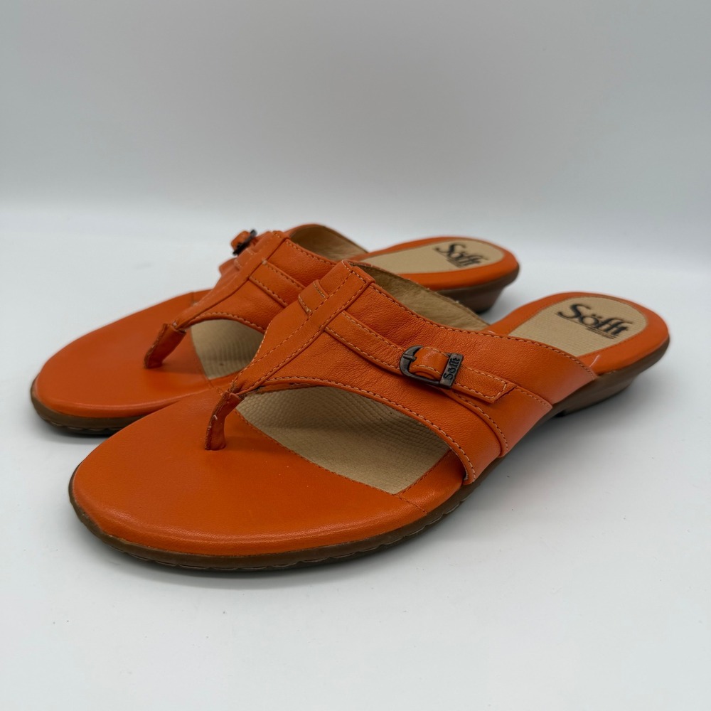 Sofft Womens 8M Orange Leather Thong Sandals Buckle Slide Low Wedge 1220545